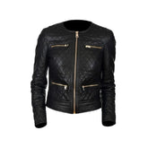 Black Quilted Biker Style Round Neck Leather Jacket